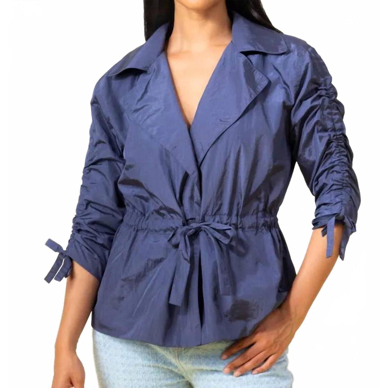New Elena Wang Ruched Sleeves Drawstring Jacket In Blue